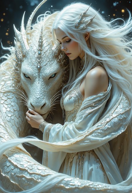 cinematic photo . A beautiful queen with long, flowing white hair, dressed in a regal white and gold gown, lovingly stroking the head of a giant majestic white dragon adorned with shimmering, iridescent scales, the two gently nuzzling and pressing against each other, the dragon curled protectively around her, his massive body and wings shielding her, a deep bond of trust and love evident between them, the dragon humbly receiving her tender gesture, creating a magical and intimate moment.  <lora:FluxDFaeTasticDetails.safetensors:0.2>,  <lora:artisketchyfs-v02.safetensors:0.75>, <lora:FantasyWizardWitchesFlux.safetensors:0.6>,  <lora:Elden_Ring_-_Yoshitaka_Amano.safetensors:0.8>,   . 35mm photograph, film, bokeh, professional, 4k, highly detailed