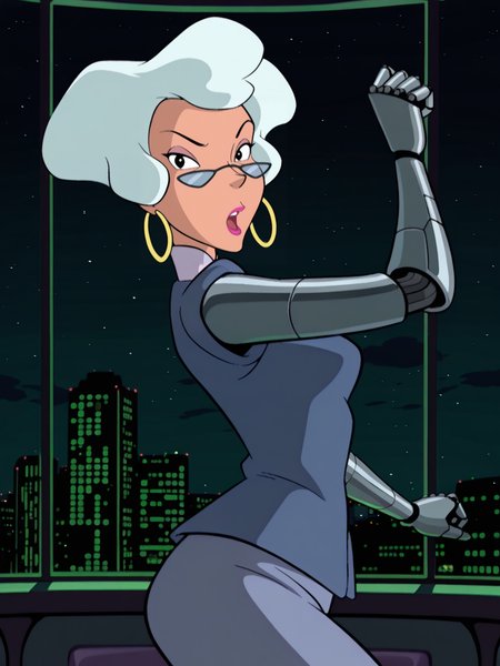 <lora:DirectorIL:0.9> d_r, 1girl, old, black eyes, grey big hair, short hair, round earrings, glasses lowered nose, pink lips,
looking at viewer, cyberpunk, augmentations, prosthetic, metal arm, difficult background, at night, dynamic pose,