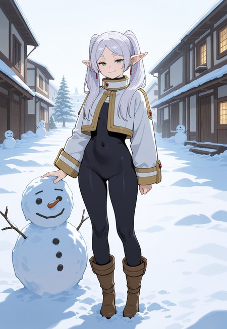 masterpiece, best quality, amazing quality, very aesthetic, absurdres, newest, 1girl, solo,flat-colors, flat-shading, frieren,  smirk, smug,  round-ass,, detailed hair, 
building snowman, snow, winter, bodysuit, fur-lined boots, fur-lined jacket, 
volumetric lighting, realistic-lighting