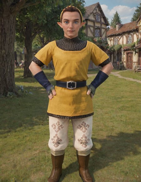 score_9, score_8_up, score_7_up, outdoors, tree, grass, village
BREAK <lora:Pipit_-_Zelda_Skyward_Sword_-_Pony:0.8> ss_pipit, mature, male, pointy ears, brown hair, short hair, blue eyes, freckles, yellow hat, yellow tunic, chainmail undershirt, blue fingerless gloves, belt, pants, boots, looking at viewer, hands on hips, hero pose