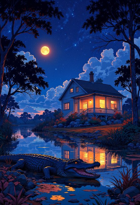 A house on stills in the swamps of Louisiana at night, stary sky, glowing bugs, full moon, an alligator in the foreground, colorful landscape with subtle glow, vibrant glow