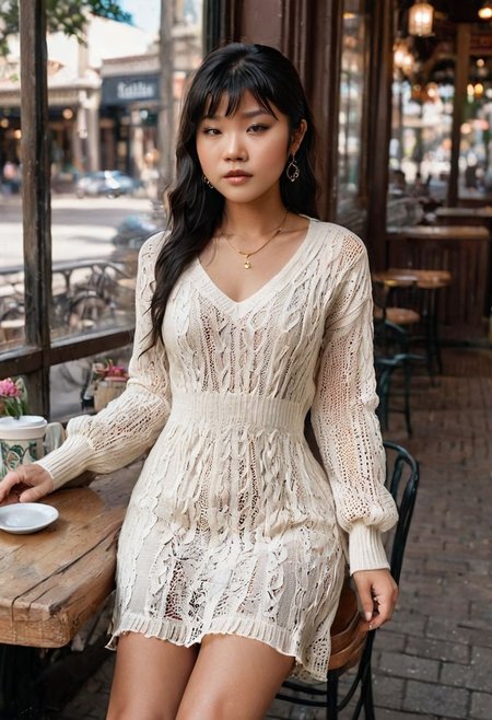 eye catching, majestic Leah Li, Petite, asian, darkskin,, 18 year old Chinese woman, flat chested,  ((no boobs)), straight hair,  earrings, eye liner, long bangs,  4k, very detailed, eyeliner, ((black hair)), ((blunt bangs)), ((slender face)), ((thin lips)),  a cinematic photograph of a woman in a random color translucent lace sundress, sitting at a table in a cafe on the street. New Orleans
intricate jewelry, necklace, earrings, rings, bracelet, top unbuttoned, wind lifting a short skirt, stockings, long wavy hair, street lamp, potted flowers, tables of the summer cafe, a rag tent on the cafe,, giving the viewer a seductive look, OverallDetail, eye catching, drab, OverallDetail, LeaLi, coffeeyadream,  holding coffee, full body view, cowboy shot, knitted sweater dress