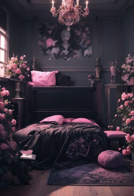 a room with a dark and gothic look, the bed has a black blanket and pillow with flowers, a blue beanbag sits in the corner of  the room, a pink desk and chair stand by the bed