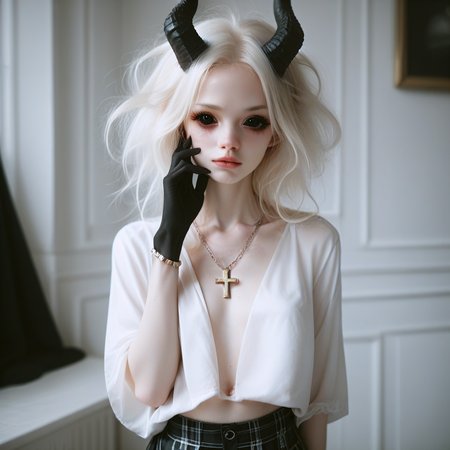 score_9_up, score_8_up, score_7_up, 
1girl, solo, <lora:bdemonpony011:1>, colored skin, pale skin, white skin, black hands, black feet, pitch black eyes, monster girl, skinny, anorexic, slim, horns, white hair,  
chain necklace, cross necklace, bracelets, white shirt and plaid skirt, 
indoors, dark black room, music decorations, 80's punk style, solo,  <lora:Skin Color_alpha1.0_rank4_noxattn_250steps:-1.5>