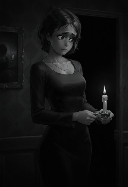 Graphic Design, greyscale, monochrome, intricate details, high contrast, detailed background, beautiful detailed, beautiful face, detailed eyes, detailed face, new, k4r1n4, 1girl, solo, jewelry, short hair, earrings, black hair, black dress, cowboy shot, looking at side, worried, (scared:0.7), room, dark, holding candle, candlelight, scary shadows, dynamic pose, (masterpiece, best quality, newest, recent, absurdres),