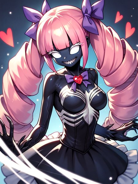 Score_9, score_8_up, score_7_up, score_6_up, score_5_up, BREAK, source_anime, magical girl, no humans, cute,  black dress, purple ribbon, BREAK, colored black skin, monster girl, monsterification, personification, large pink hair, very long drill hair,  blunt bangs, twintails, half-closed eyes,  white eyes, white eyelashes, big sharp teeth, medium breasts, noseless, venom \(marvel\), symbiote,  corset, white print, frilled sleeves,  neck ribbon,  red heart jewel, BREAK,  <lora:Monsterification_V4:1>