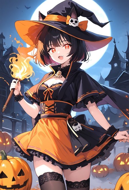 (masterpiece), (score_9, score_8_up, score_7_up,source_anime), 4K8K, 
from behind, Floating Halloween pumpkins, 
halloween, halloween fantasy, trick or treat, adjusting clothes, 
Japanese cute woman, closed legs, (solo), cream skin, burning pumpkin, Fire Ball spell casting, (dark aura:1.4), open mouth, Canine, tooth, fang, cat tails, 
(medium figure:0.9), (pointy breasts:1.1), 
(opal hair, bob cut hair), (red glowing eyes, slanted eyes:1.2), 
(wearing orange Witch Costume, witch, orange dress, orange hat, zettai ryouiki, orange garterbelt,  thighhighs:1.2), misty, steam, fog, skull object, burning skull, burningeye, flaming eye, flaming sword, 
(in Foggy graveyard at dark night:1.3), nekomata, cat girl, cat ears, animal ears, animal ear fluff,