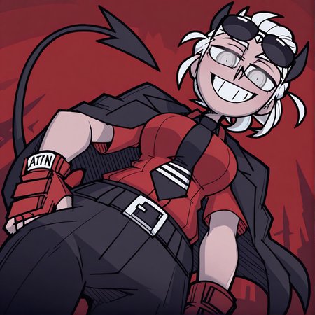 masterpiece,best quality,absurdres,highres, ,<lora:VanripperIllustriousXL_byKonan:1>, vanripper,  <lora:Justice_Helltaker:0.8>, justicetaker, horns, shirt, gloves, 1girl, jacket, solo, sunglasses, red gloves, necktie, red shirt, fingerless gloves, tail, demon tail, jacket on shoulders, black necktie, demon girl, white hair, pants, black pants, eyewear on head,ponytail, from_below, smile, teeth, red background