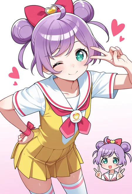 best quality, masterpiece, absurdres, manaka laala, kashikoma!, v, one eye closed,  school uniform,  thighhighs,  hair bun,  heart   <lora:manaka_laala:0.8>