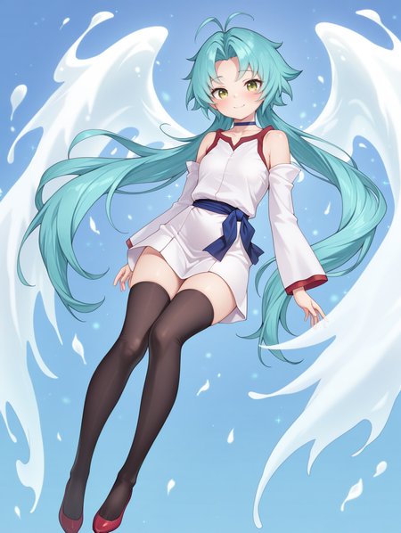 effect veiler, 1girl, solo, smile, red shoes, looking at viewer, collarbone, closed mouth, full body, blush, blue background, blue choker, white sleeveless dress, white detached sleeves, blue sash, black thighhighs, see-through angel wings, floating,
masterpiece,best quality,amazing quality,very aesthetic,absurdres,newest,<lora:Effect Veiler illusXL v1:0.73>,