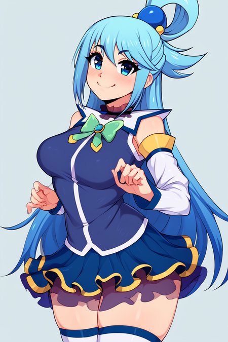 score_9, score_8_up, score_8, medium breasts, (curvy), cute, eyelashes,       ,,, , ,,,  zzAqua, blue hair, long hair, blue eyes, single hair rings, hair ornament, looking at viewer,  detached sleeves, skirt, shirt, thighhighs, bare shoulders, white thighhighs, blue skirt, blue shirt, green bow,  <lora:Aqua_Konosuba_PDXL:0.8>,  ,,,, BREAK, <lora:Afrobull_PDXL_v5:0.8>,  ,,, BREAK, smile, looking at viewer, closed mouth, cowboy shot,  ,,, embedding:zPDXL, Expressiveh, ,,, <lora:SDXLFaeTastic2400:0.5>, <lora:Expressive_H-000001:0.4>,