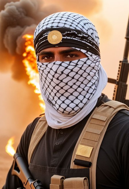 Masked man carrying a modern rifle Dirty from the effects of war, explosions and dust   Tired and sad   fase  Palestine keffiyeh so keffiyehportrait  
<lora:Palestine_keffiyeh_SDXL:0.8> 
<lora:wildcardxXLLIGHTNING_wildcardxXLRdphotoV2:1>  
smoke and fire sun cinematic photo A hsz-fanoos,,the a fanoos  dynamic composition, a blurry,rule of thirds, high-definition glimmer blurred  dripping  , dof, bokeh, light white peachy background,  rule of thirds gold lines background round 32k, <lora:RMSDXL_Enhance:1>