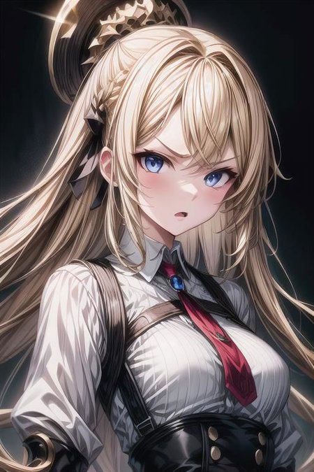 (masterpiece),
Luna,
1girl, blonde, floating hair,
white shirt,
 upper body shot, 
 HDR, highly detailed, 32k,
 black background, anger mood, 
perfect face feature,