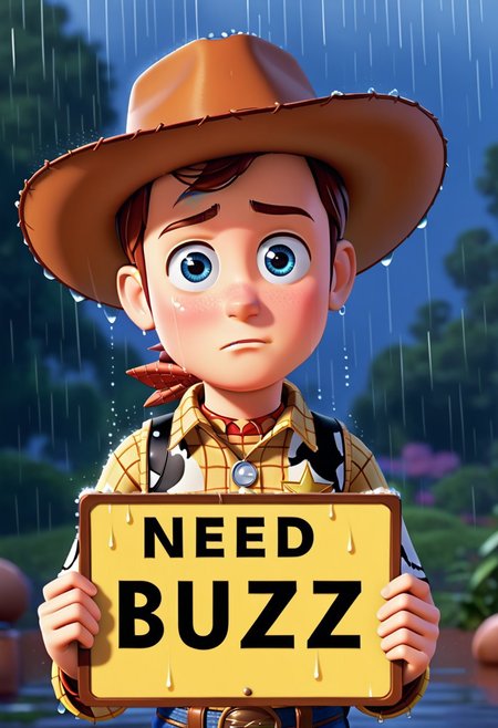 Woody from toy story with cowboy hat, big sad eyes with tears,  looking at viewer, holding a sign that says “Need BUZZ”, text, It is pouring down rain.