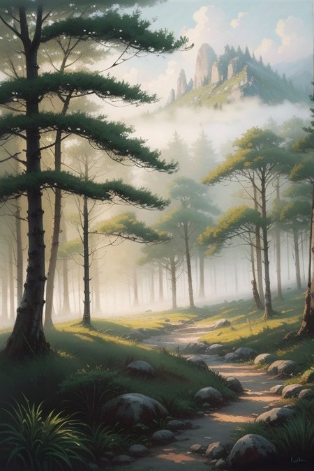 a blanket of mist descends upon the ancient forest, <lora:add_detail:0.7>, <lora:cartoonisationer-V4-8:1>, <lora:oil_painting:0.65>, impressionist oil painting style, vibrant and dynamic brush strokes, soft pastel colors, mist enveloping the forest with a sense of movement, capturing the fleeting beauty of the scene