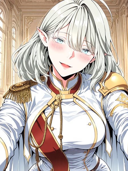 <lora:Alea_Triscan__The_Beginning_After_the_End__Illustrious:1>
1 girl, solo, elf, pointy ears, light blue eyes, grey hair, medium hair, hair behind ear, hair between eyes,ahoge,  military uniform, white cape, epaulettes, ring, jewelry, white pants, long sleeves, white thigh boots, thighhighs, high heels, belt, white jacket, red sash
score_9, score_8_up, score_7_up, score_6_up, source_anime, rating_explicit, 1girl, solo, smile, embarrassed, alcalose eyes, open mouth, mansion, indoors, looking at viewer, outstretched arms, pov, close-up, (head tilt:1.2), <lora:iLLMythG0thicL1nes:1>