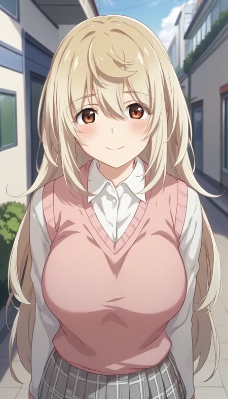 score_9,score_8_up,score_7_up,score_6_up BREAK official art,solo,outdoors,upper body,(portrait:1.5),looking at viewer,facing viewer,smile,blush,Ookami Hinako,very long hair,light brown hair,sidelocks,hair between eyes,bangs,brown eyes,taut clothes,school uniform,sweater vest,pink vest,white shirt,collared shirt,dress shirt,long sleeves,large breasts,miniskirt,grey skirt,plaid skirt,pleated skirt,black socks,loafers,<lora:Ookami Hinako(oswt)-Pony:1.5>,
