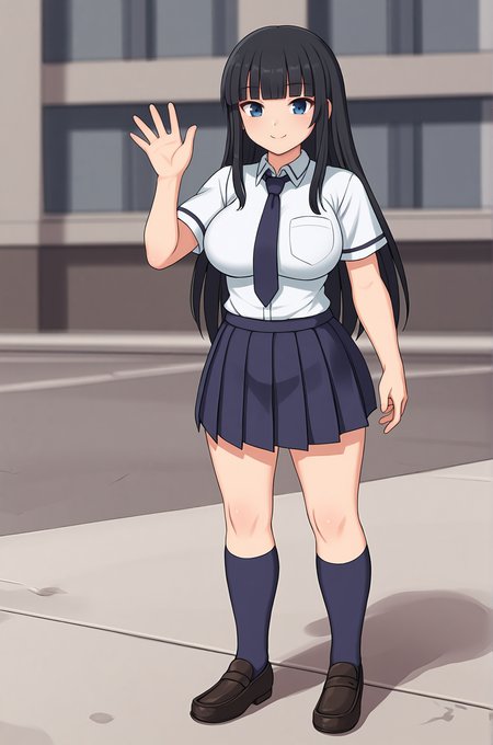 anime artwork, score_9, score_8_up, score_7_up, source_anime, BREAK, thick outline, fat outline,
Ikaruga_XL, long black hair, blunt bangs, hime cut, dark blue eyes, large breasts, BREAK, Ikaruga_School, school uniform, blue necktie, white buttoned shirt, pleated skirt, dark blue kneehighs, black loafers, BREAK, outdoors, waving,
<lora:Ikaruga_XL:0.7>
<lora:PersonalAmi_PonyXL:1.0>