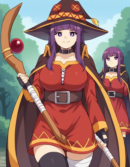 score_9, score_8_up, score_7_up, source_anime, <lora:fern-s1-ponyxl-lora-nochekaiser:1>, fern, long hair, bangs, purple eyes, purple hair, sidelocks, blunt bangs, bright pupils, half updo, large breasts, <lora:megumin-cosplay-ponyxl-lora-nochekaiser:1>, megumin cosplay, megumin (cosplay), thighhighs, gloves, hat, dress, black gloves, belt, black thighhighs, fingerless gloves, cape, collar, witch hat, bandages, red dress, single thighhigh, asymmetrical legwear, bandaged leg,, staff, holding staff, smug, outdoors, looking at viewer, cowboy shot,
