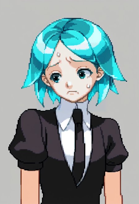 score_9, score_8_up, score_7_up, source_anime, BREAK, solo, 1girl, <lora:Ace-Attorney-Portraits-pdxl_Fp:1>, portrait, pixel art, simple background, upper body, <lora:Hoseki_HousekiNoKuni_Phosphophyllite_PDXL_v1:1>, phos, white skin, aqua eyes, aqua hair, short hair, crystal hair, black shirt, puffy short sleeves, collared shirt, black necktie, sweatdrop, from side,