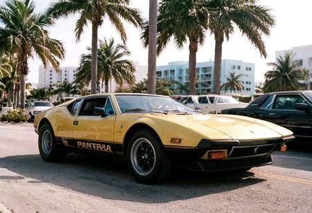 ClassicSportsCar MiamiVice, gleaming pastel yellow DeTomaso Pantera, palm trees, seaside, cityscape, 4K, highly detailed, (((stylish grainy analog 35mm film photo, "PANTERA")))