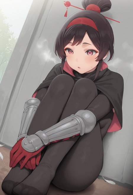 nekoshoko,  outdoors, undershirt, falling feathers, black bodysuit, hair stick, hugging own legs, , gauntlets,   eyeshadow,   red gloves,  high ponytail,  , black capelet, red hairband, pink eyes, 1girl, solo, feet, visible breath,   dynamic angle, foreshortening, smell, steam,