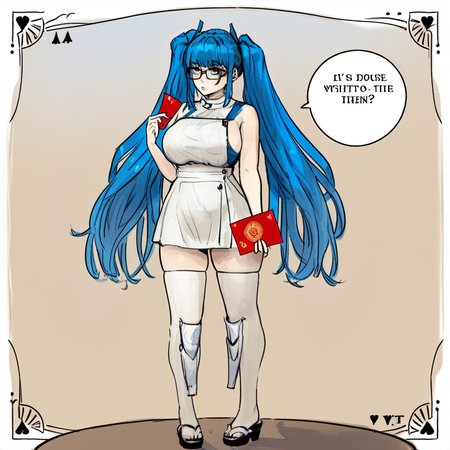 1girl,blue hair, breasts, card, english text, glasses, holding, holding card, large breasts, long hair, looking away, parted lips, sandals, solo, speech bubble, thighhighs, twintails, white thighhighs