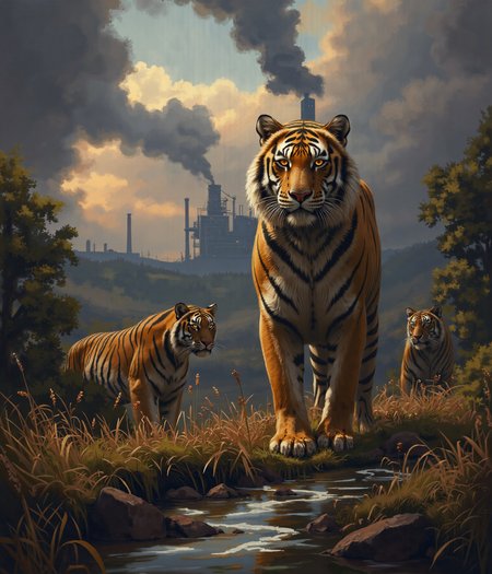 Beneath the golden light of a dying sun, three tigers stand as silent sentinels of a world slipping away. Their den, once a sanctuary deep in the jungle, now lies in the shadow of a relentless industrial invasion. Smoke rises in thick, curling plumes from the factory in the distance, its skeletal towers clawing at the sky, tearing into the land that once belonged to them. The river, which once mirrored the heavens in its crystalline depths, now runs thick with chemical waste, its surface shimmering with a sickly iridescence. Overhead, an unfeeling drone hovers, its cold mechanical eye locked onto them, reducing the last great beasts of the wild to mere data. 

At the forefront stands the male tiger, a magnificent creature of sheer power and untamed beauty. His broad shoulders ripple with muscle, and his thick, flowing mane—a rarity among his kind—catches the last golden light, each strand a testament to the strength of his lineage. His amber eyes burn with defiance as he lifts his gaze toward the drone, the artificial intruder dissecting his very existence with a lifeless stare. His breath is slow, steady—he does not run. He does not cower. He simply watches, daring the machine to look upon him and understand what it has come to destroy.

To his left, a tigress crouches low against the withering jungle undergrowth. Her sleek, battle-hardened body is coiled with tension, her muscles taut beneath her striking orange and black pelt. Her ears flick at the distant roar of machines, her sharp eyes flickering between the drone above and the poisoned river below. A soft growl rumbles in her throat, a sound both protective and mournful. She remembers when the air was filled with the scent of fresh rain and earth, not the acrid tang of steel and smoke.

Partially concealed within the den’s darkened entrance, the eldest tigress lingers like a specter of the past. Her once-flawless coat bears the marks of countless battles—not just against prey, but against time, hunger, and the encroachment of man. Scars lace her form, silent records of a world that no longer belongs to them. Her gaze drifts past the factory, beyond the fading jungle, to where the land once stretched unbroken and free. She does not need to see the future to know what is coming—she has already felt it in the quiet disappearance of the herds, in the strange hum of machines replacing the songs of the forest.

The composition of this piece is breathtaking, an emotional contrast of power and vulnerability. The warm, golden hues of the tigers' fur stand against the lifeless grays and metallic tones of the factory. Smoke and sunlight intertwine in the sky, a battle of nature versus progress. The river, both beautiful and tragic in its shimmering toxicity, winds like a dying vein through the heart of this fractured world. The drone, a symbol of human detachment, looms overhead—watching, recording, but never truly seeing.

This is more than a depiction of endangered creatures. This is a moment in time, a visual elegy for all that is being lost. The tigers stand together, not just as individuals, but as a fading lineage—an echo of a wildness that once roamed without boundaries. In this frozen moment, they remain majestic, untamed, unbroken. But for how much longer?  

Simon Stalenhag Style, v3lkat0k