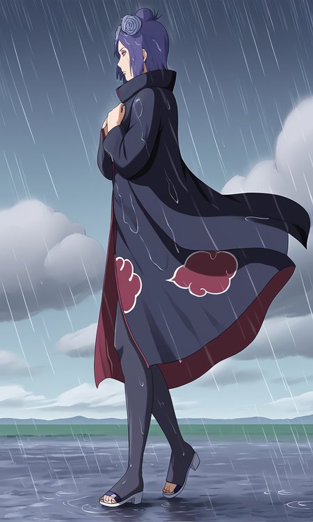 from side, hands on own chest, walking, 
k0nan, 1girl, solo,orange eyes, purple eyeshadow, lip piercing,
single hair bun, short hair, hair flower,cloak, 
long sleeves, high collar, cloud print, black pantyhose, sandals, 
rain, wind, clouds, wet,
 <lora:Naruto_Konan_PXL-000012:1>