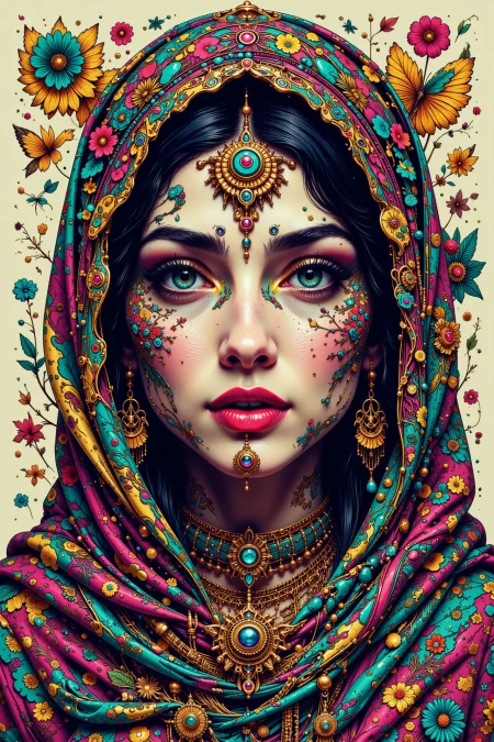 Yemeni, day, woman, very intricate, very detailed, sharp, bright, colorful, <lora:Hand v2:0.5> <lora:Anti-Blur:1><lora:Insane Detail Slider:0.25>  <lora:flux.1_lora_flyway_Epic-detail_v2:0.3> <lora:fluxenhancer:0.25><lora:ck-Neon-Retrowave:0.4> ck-rw, in the style of ck-rw,  <lora:Neurocore Anime Cyberpunk:0.8> A digital artwork in the style of cknc