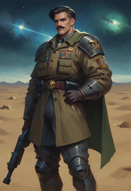w4rh4mm3r style oil painting, grimdark, (oil painting:1.2) (side view:1.10) score_9, score_8_up, score_7_up, score_6_up, solo,1boy s  metal armor, black hair, (short hair:1.5)  blue eyes, (smile:0.75) expressionless, happy, looking at viewer, wrinkles, big shoulder pauldrons, older, wide jaw, cinematic lighting, 
ultra quality face, ultra quality eyes, highly detailed eyes
shiny metal power armor,  belt, full body,
(moustache1.2) (black facial hair:1.1)
(mature face:1.3)
(handsome:1.3)
(wide jaw:1.3)

40k spaceship, 40k battlefield, desert, starry sky, planet with rings in sky, night sky, destroyed city

cybernetic eye, cybernetic implants

grimdark, astra militarum,  green cadian imperial guard armour, wearing green imperial guard uniform, grim baroque gothic futuristic 40K, long green cloak

holding gun, pistol, plasma gun, glowing plasma, black gloves, black boots

standing, hand on hip,

Imperial guardsmen with plasma guns in distance, giant tanks in distance, army in distance

Large army in distance, soldiers in distance

(army:1.3)