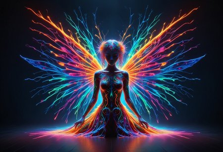 a fire entity whit multicolored flames, professional photography of an fantastical warrior fairy princess entirely made of cyberflies with whimsical elements, swirling magic, eerie fairytale landscape, elaborate fantasy style art, very colorful, intricate details, ultra sharp, exquisite detail, flawless composition, vivid colors, masterpiece, exciting background, TAS, TASvisuals, Psychedelic , Rave, Elaborate , Blacklight , Vibrant , cyberflies, black light paint, blp, Colorful Chaos Cracks and Drops, mad-glowtiedye, made out of,colorful,liquid,Murano Art Glass
