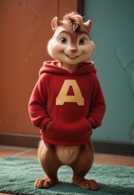 (, score_9, score_8_up, score_7_up), kftenhance, AlvinSeville, furry male, solo, chipmunk, brown eyes, red hoodie, painted walls, carpet, hands in pockets, looking at viewer, blue eyes , smiling, best quality, high definition