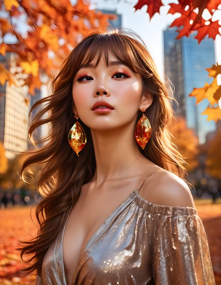 In a bustling city park bathed in the golden hues of sunset, a captivating woman named K1MCW is framed from the waist up. Her long, wavy brown hair cascades down her shoulders, with bangs partially obscuring her closed eyes that are adorned by dark eye makeup and long eyelashes. Her lips, painted a bold red, are slightly parted as if she's just taken a deep breath, adding an air of mystery to the image. She wears large, elegant earrings that catch the light, reflecting in her closed eyes. The background is a blur of vibrant city life - tall buildings, moving people, and colorful autumn leaves swirling in the wind, all captured in a slightly blurry, intimate close-up shot from an angle slightly above the subject, emphasizing her strength and beauty amidst the chaotic city landscape.