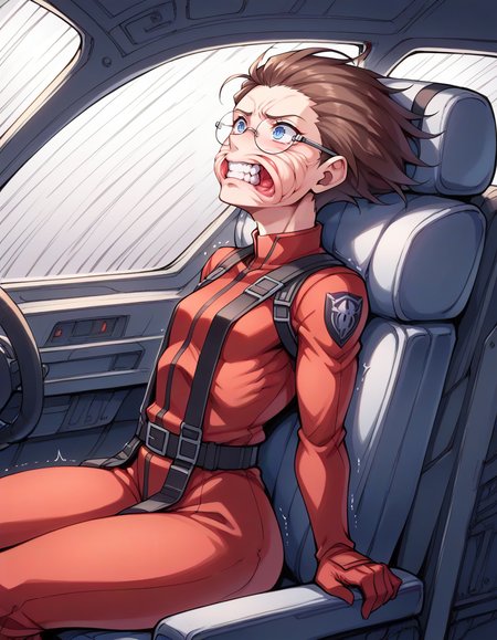 score_9,score_7_up,score_4_up,source_anime,sketch,traditional media,(by nakamura regura:0.6),(helltaker:0.5), BREAK
1girl,flat chest,tomboy,red bodysuit,(leaning back:1.2),arms to sides,(looking ahead:1.4),round glasses,blue eyes,brown hair,short hair,solo,sitting in cockpit,(face wrinkles:1.1),wrinkled skin,(seat),(seatbelt:1.2),speed lines,clenched teeth,gaping mouth,spacecraft,flat chest,indoors,head back,(wind:1.4),from side,round window,holding,hair swept back,hair spread out,(sheet grab:0.7),shaking,trembling,(pillow:0.3),<lora:gforcev4_7:0.9>