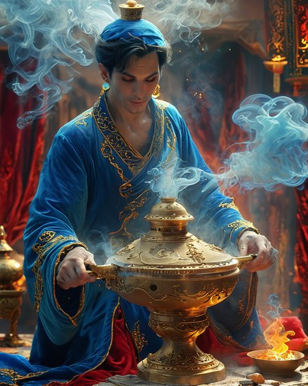 genie condensing from smoke emerging from Aladdin's lamp, volumetric lighting, velvet robe, intense color, <lora:add-detail-xl:1.0>,  <lora:xl_more_art-full_v1:0.4>,   <lora:XSfenlie:1> fenliexl,   <lora:lora:1>