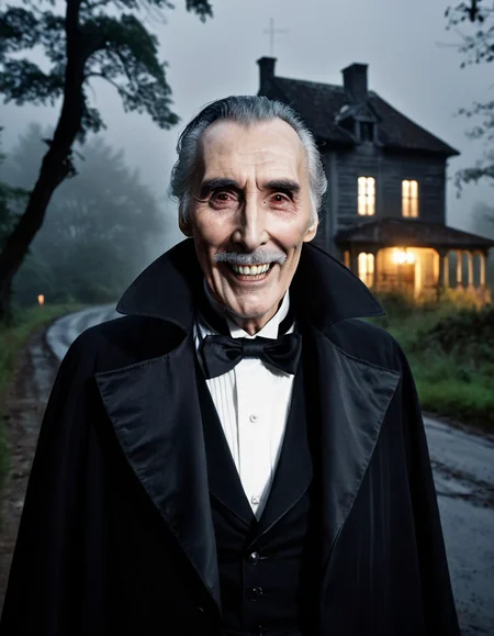 an old christopher lee, dracula alike, with a creepy smile,  in the foreground, looking at the camera, he is very creepy,creepy enigmatic smile,hes sems to invite you in,  nighttime, dense fog,  abandoned house, rural road, heavily wooded area, heavy fog, misty, (dark, dim, dim lighting:1.4), creepy, evil, midnight    <lora:Greys_Alien_Character_Creation_for_Flux.1_Dev:.3> alien, (score_9,score_8_up,score_7_up) (8k, RAW photo, highest quality, best quality, masterpiece, ultra-detailed, hires, absurdres, sharp focus), (photorealistic, hyper-realistic)