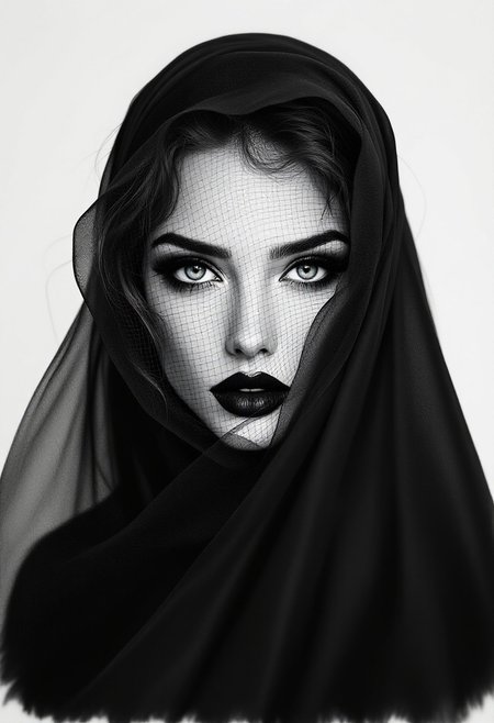 chic woman, noir. pencil drawing, black veil, beauty style, beautiful eyes, intricate details, hyper-realism, ultra-sharp, professional photoshoot