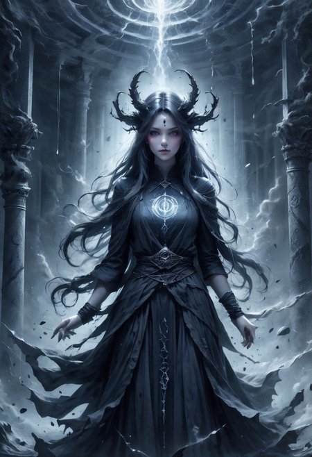 Oracle of Shadows. Within a dimly lit chamber, ancient runes and symbols adorn the walls, casting eerie shadows that dance with unseen movements. At the center stands a woman shrouded in darkness, her presence commanding yet unsettling. Her eyes, pools of inky blackness, gleam with an otherworldly light as they pierce through the gloom, offering glimpses into the abyss. Her voice, soft yet chilling, whispers prophecies of doom and destiny. Capture the enigmatic aura of her presence and the foreboding atmosphere that surrounds her.
Mystic color palette. Realistic. DEVIL SPAWN. ral-dissolve