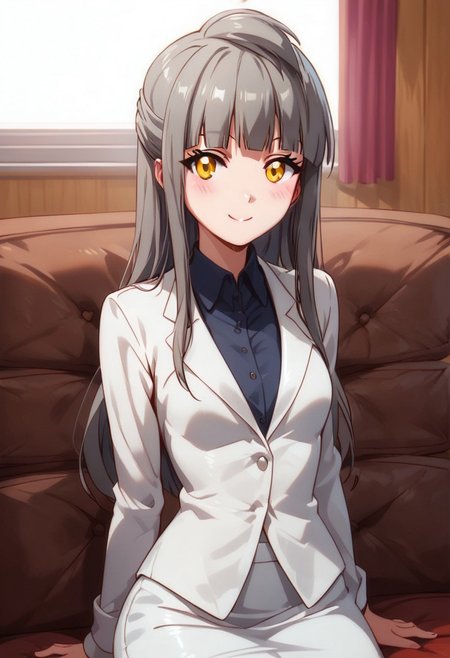 score_9, score_8_up, score_8, medium breasts, (curvy), cute, eyelashes,       
BREAK, 
,,,
long hair, half updo, bangs, grey hair, yellow eyes, pencil skirt, formal, skirt suit
,,,
smile, looking at viewer, blush, blurry, couch, sitting, 
hands on lap, blush, heed tilt,  
,,,
shiny skin, 
,,,
zPDXL, Expressiveh,