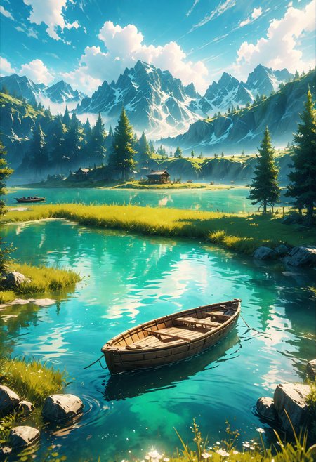 detailed landscape, a lake in the middle of a mountain, green grass, aqua green lake, a wooden boat in the middle of the lake, wooden pontoon, green pines, beautiful blue sky, clouds, reflection, cgi, cinematic, masterpiece, best quality, very aesthetic, absurdres, <lora:add-detail-xl:1>,  <lora:MJ52:0.25>,  <lora:d4rk01lXLP:0.4> d4rk01l,  <lora:SDXLFaeTastic2400:0.7>