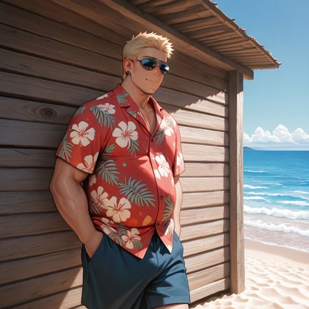 masterpiece, best quality, amazing quality, absurdres, newest, detailed background, definition so sharp, Ultra-HD, 8K cinematic, very awa, impressionate, amazing quality, highres, 
solo, male focus, manly, 
1boy, short hair, goatee, chubby, rikio_blonde, rikio_brown eyes, rikiokamamoto, sunglasses \(on face\), earrings, sideburns, shorts, Hawaiian shirt, beach, sunny, clear sky, blue ocean, relaxed, easygoing, cheerful, vacation, good vibes, walking, hands in pockets, carefree expression,