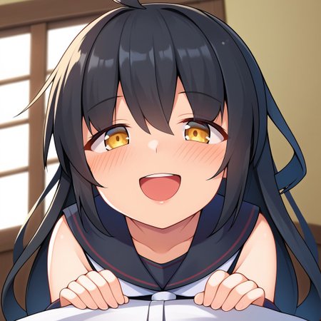 score_9, score_8, score_7, source_anime, mikazuki (kancolle), neckerchief, pov, looking at viewer, blush, smile, open mouth, upper teeth only, sunset