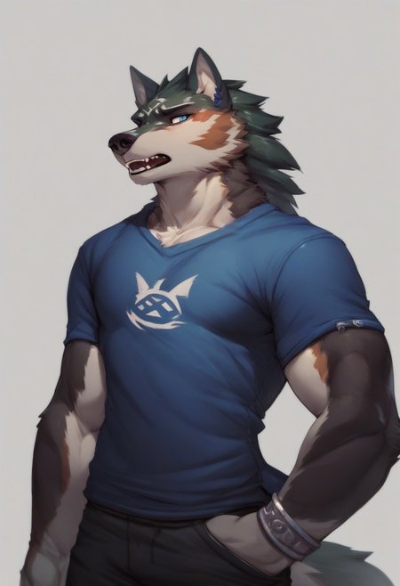 score_9, score_8_up, score_7_up, score_6_up, score_5_up, score_4_up,  <lora:Link_wolf_form:1> link (wolf form) anthro, t shirt, pants, muscles,
