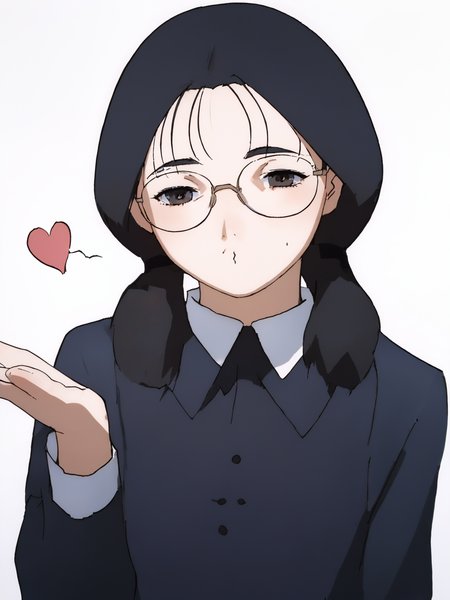 woman, 20 y/o, 20 year old, 20 year old woman, adult, score_9, score_8_up, score_7_up, score_6_up, score_5_up, BREAK masterpiece, high quality, white background, <lora:Yomoda_Chisa_PDXLv1.1-e97:0.8> yomoda chisa, glasses, small breasts, black dress, <lora:FrierenBlowingKissMeme_XLPD:1> IncrsBlowingKiss, heart, blowing kiss