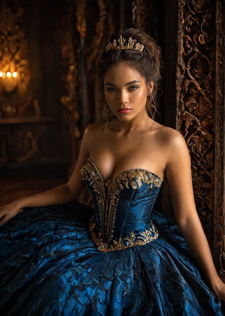 Photo, masterpiece, best quality, dramatic angle, art by Frank Frazetta:1.5, In a sultry, top-down view, a regal woman with flowing, vibrant auburn dark hair stands adorned with gold and blue jewelry. Her attire is a captivating blend of traditional and modern elegance, featuring a form-fitting, black dress intricately accented with gold. The dress clings to her curves, accentuating her sultry confidence. Her ethereal blue and red jewelry glimmers against the dark, rich backdrop. The setting is a luxurious, dark blue room, adorned with intricate gold designs that shimmer in the soft, ambient lighting. Silken drapes flow around her, adding a sense of mystery and allure. The air is filled with the faint scent of jasmine, enhancing the intimate atmosphere. Candlelight casts gentle shadows, highlighting the subtle play of light on her skin and the fine details of her attire. Her confident gaze meets the viewerâs, her eyes holding a hint of mischief and allure. A gentle breeze ruffles her hair, and the soft rustle of silk adds to the sensuous ambiance. The scene is a perfect blend of opulence and seduction, inviting the viewer to lose themselves in the captivating charm of this regal woman. <lora:mjv6:0.6> <lora:MS_KMXD_SDXL_V1:1> , intricate details, cinematic, good lighting, vibrant colors, (high quality texture), (sharp), (artistic image), 8K, detailed, dynamic, depth of field, intricate, <lora:add-detail-xl:0.8>