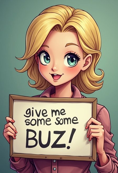 very cute Android 18 hair woman holding a sign "give me some buzz ",