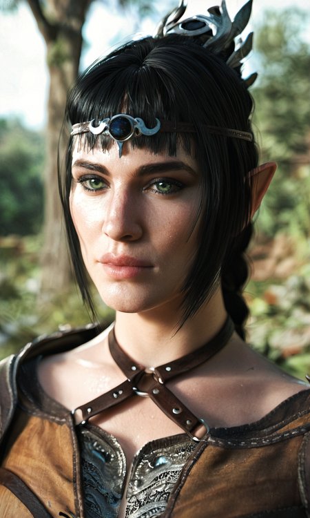 score_9, score_8_up, score_7_up, BREAK, zy_shadowheart, 1girl, black hair, bangs, green eyes, pointy ears, portrait, realistic, photo, real hair, detailed skin, medieval fantasy, forest, highly detailed, detailed skin, depth of field, film grain, <lora:zy_Shadowheart_PonyRealism_v1:0.75>