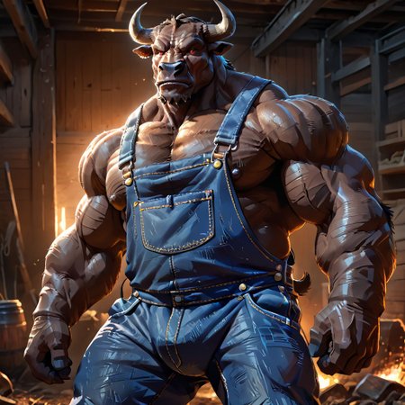 (perfect eyes and face:1.5), best quality, highly detailed, sharp focus, dynamic lighting, vivid colors, texture detail, particle effects, 16k, UE5, HDR, dark furr, (narrow hips:1.5), (broad shoulders:1.5), massive head and jawline, (muscular minotaur in sexy overalls:1.5), (bulge all the way up to his chest by upward boner:1.5), (massive upward bonerbulge:1.5), gigantic bulge,  fpo_up, (gigantic stomach bulge:1.5), male focus, gay, monster, workgear, rugged, brutal (weins:1.5) <lora:Concept Art Brush Style LoRA_Pony XL v6:1> <lora:Concept_Gigantic_stomach_bulge:1> <lora:100_Workgear_Lora_v1.3_XL:1> <lora:bulgepecXLP-v1:1>