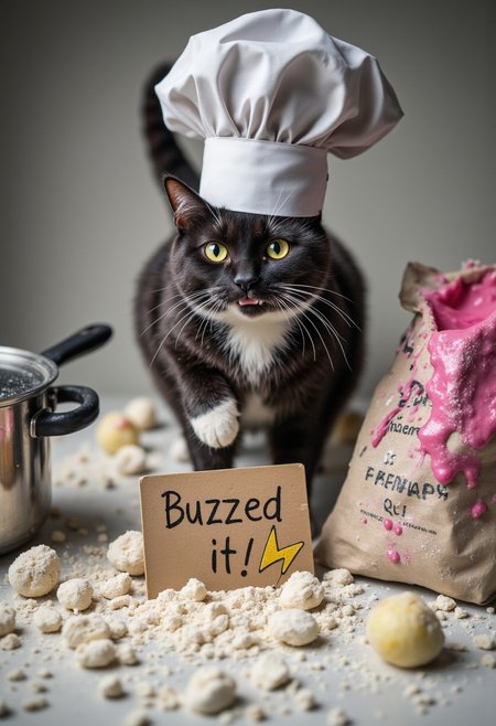 A high-resolution photograph of a tuxedo cat in a miniature chef's hat, standing amidst a chaotic kitchen scene. Flour is everywhere, a saucepan is overflowing with bright pink sauce, and the cat looks utterly bewildered, covered in food splatters. A small, handwritten sign propped up against a bag of flour reads "Buzzed It!" with the yellow and blue thunderbolt buzz symbol drawn clumsily beneath. Focus on the humorous mess and the cat's exasperated expression.